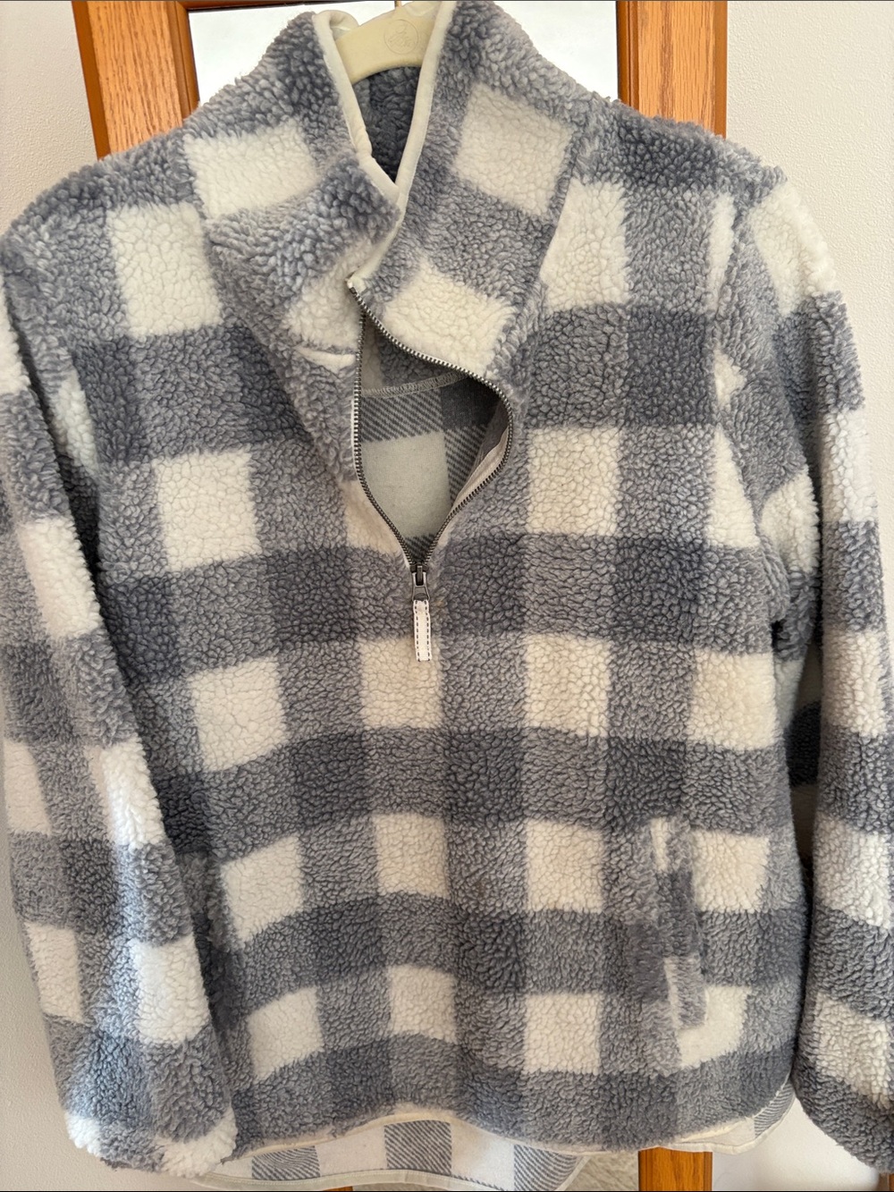 ONE WORLD Gray & White Check Sherpa Half-Zip Jacket